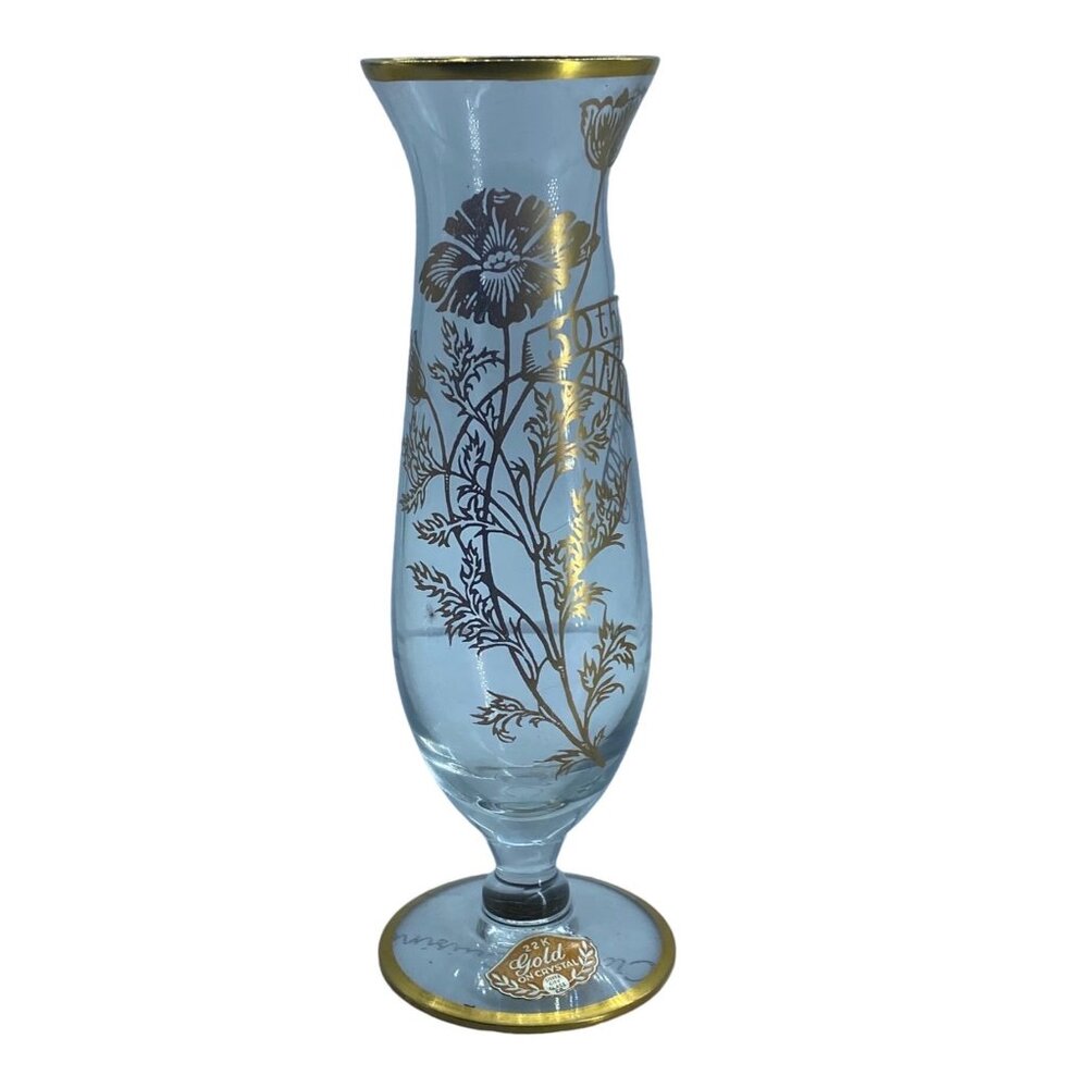 Vtg 50th Anniversary 22K Gold Crystal Glass Bud Vase 6.5” Floral MCM Silver City